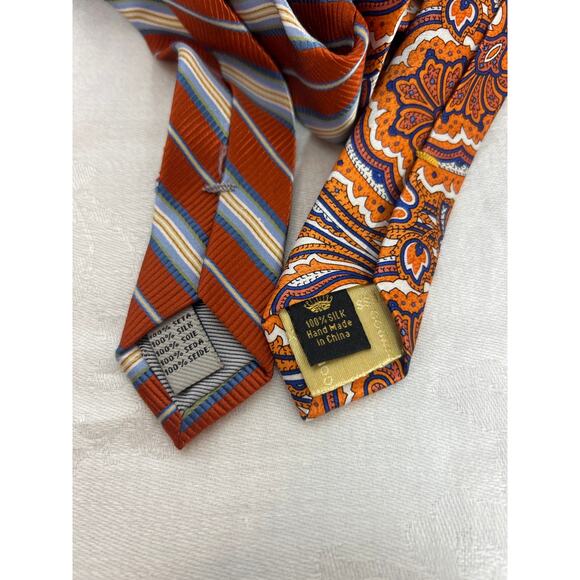 WH Belk Countess Mara 100% Silk Tie Lot of 2 Orange Blue Striped Paisley - Picture 3 of 4